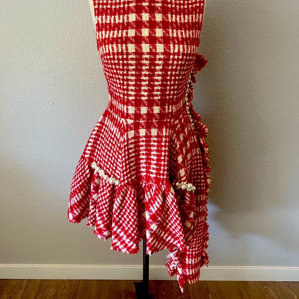 Beautiful red and white plaid dress asymmetrical hem